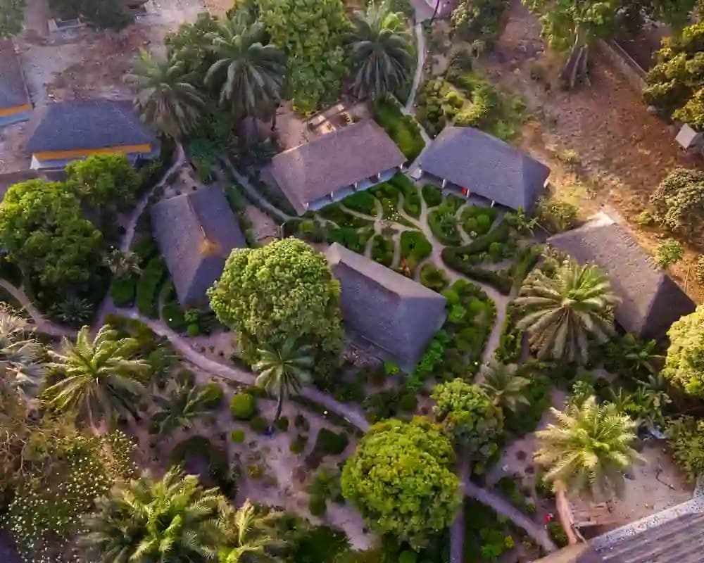 Cases au toit de chaume dans les jardins du Néma Kadior, vue du ciel